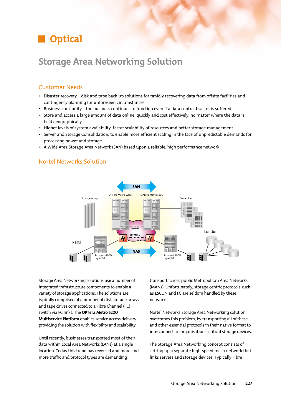Optical, Storage area networking solution, Customer needs | Nortel networks solution | Nortel Networks 7400 User Manual | Page 236 / 252