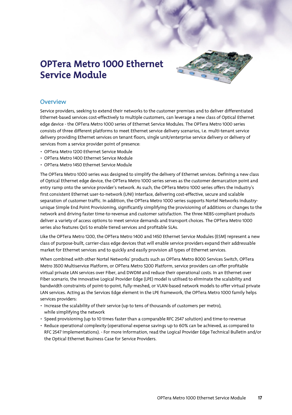 Optera metro 1000 ethernet service module, Overview | Nortel Networks 7400 User Manual | Page 26 / 252