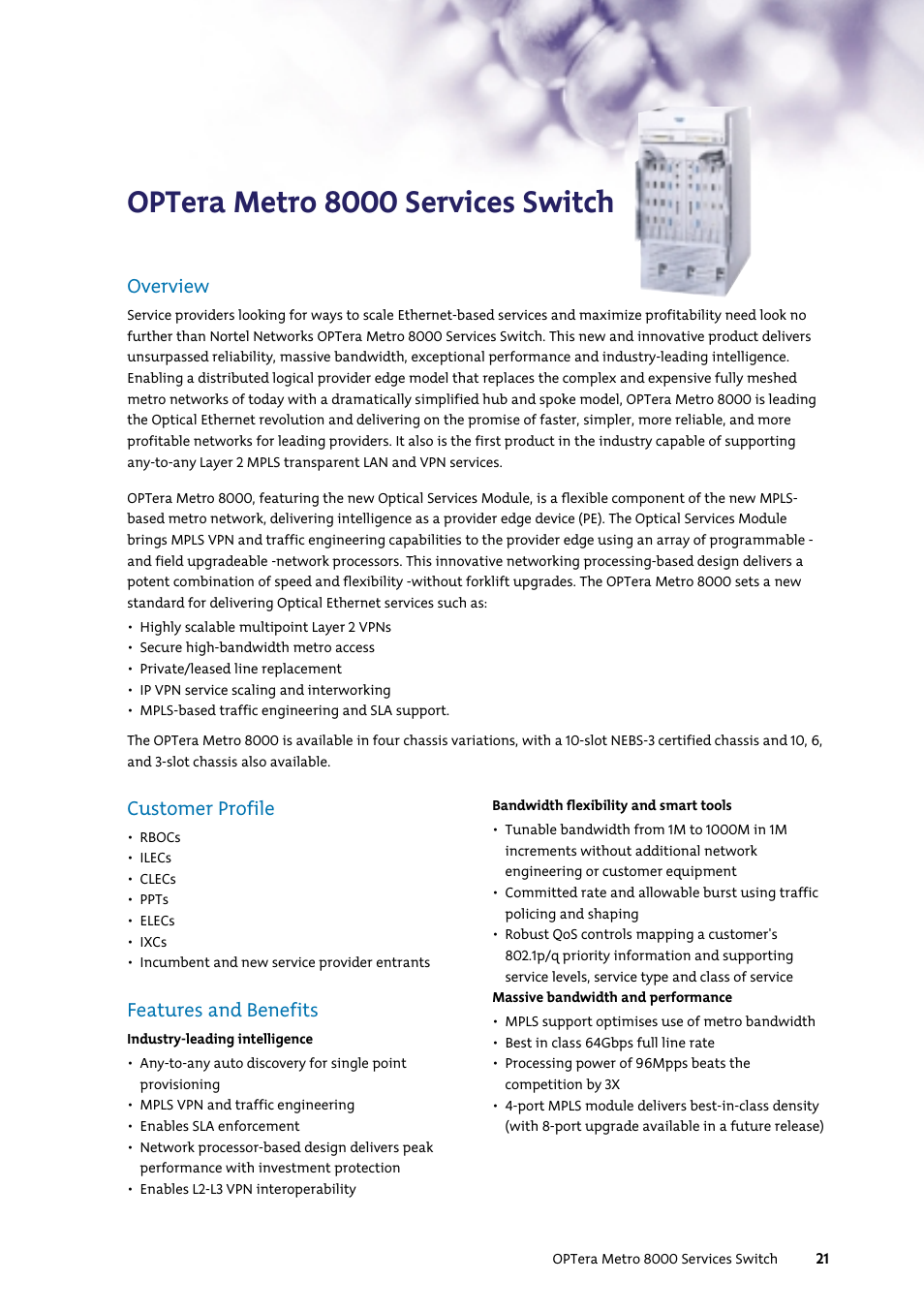Optera metro 8000 services switch, Customer profile, Features and benefits | Overview | Nortel Networks 7400 User Manual | Page 30 / 252
