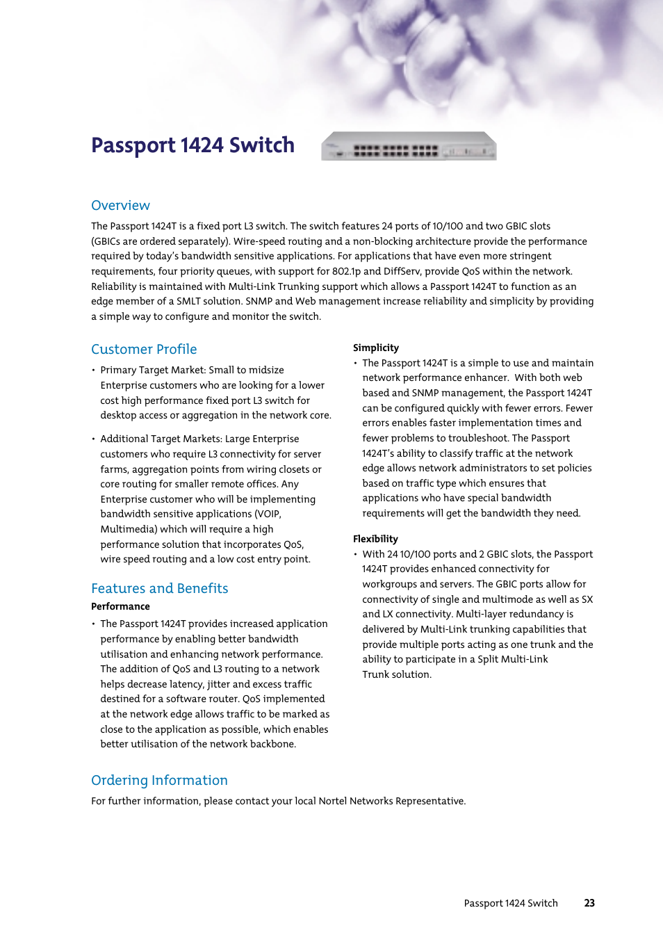 Passport 1424 switch, Customer profile, Features and benefits | Ordering information, Overview | Nortel Networks 7400 User Manual | Page 32 / 252