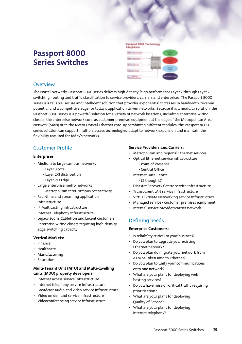 Passport 8000 series switches, Customer profile, Defining needs | Overview | Nortel Networks 7400 User Manual | Page 34 / 252