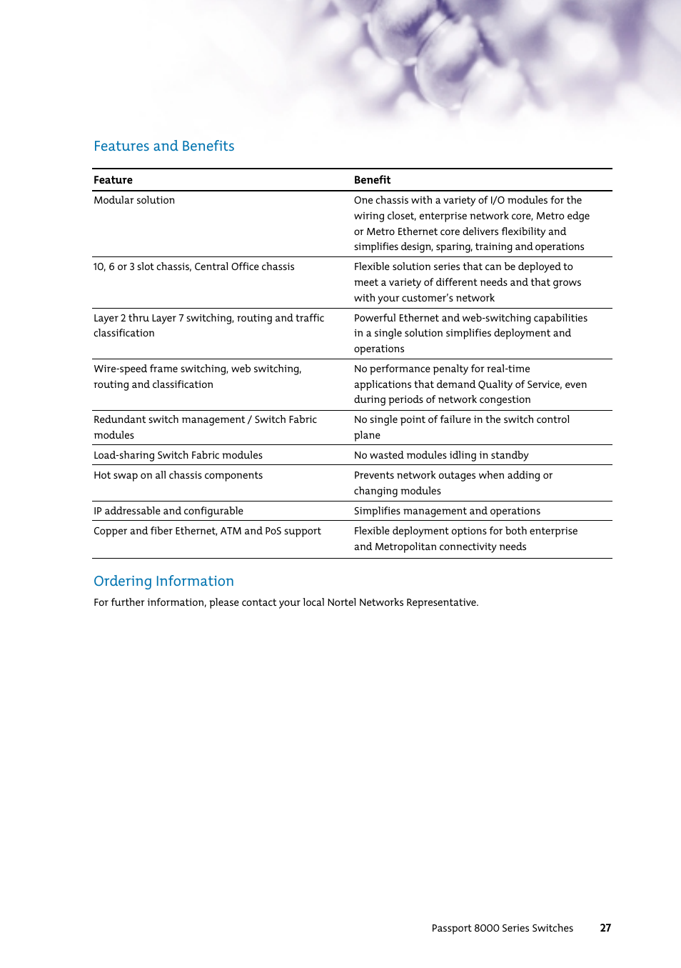 Features and benefits ordering information | Nortel Networks 7400 User Manual | Page 36 / 252