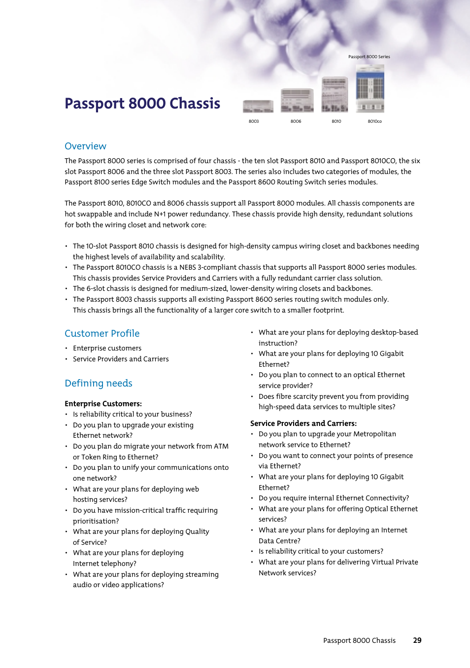 Passport 8000 chassis, Customer profile, Defining needs | Overview | Nortel Networks 7400 User Manual | Page 38 / 252