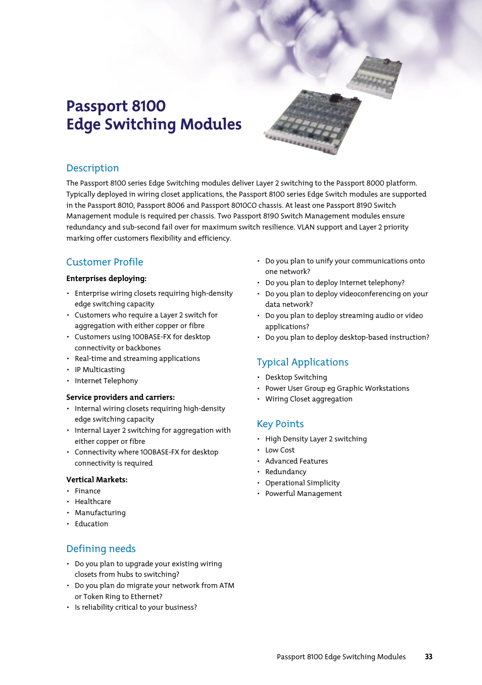 Passport 8100 edge switching modules, Customer profile, Defining needs | Typical applications, Key points, Description | Nortel Networks 7400 User Manual | Page 42 / 252