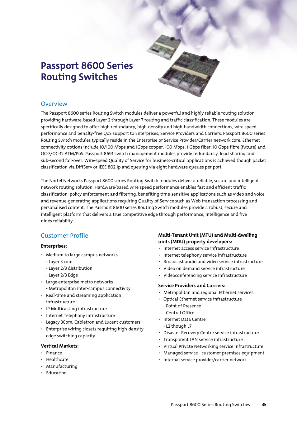 Passport 8600 series routing switches, Customer profile, Overview | Nortel Networks 7400 User Manual | Page 44 / 252