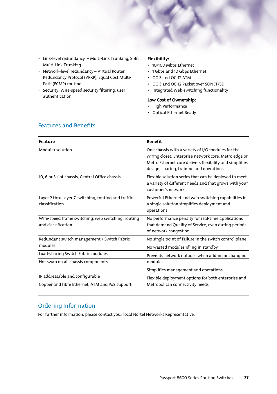 Features and benefits ordering information | Nortel Networks 7400 User Manual | Page 46 / 252