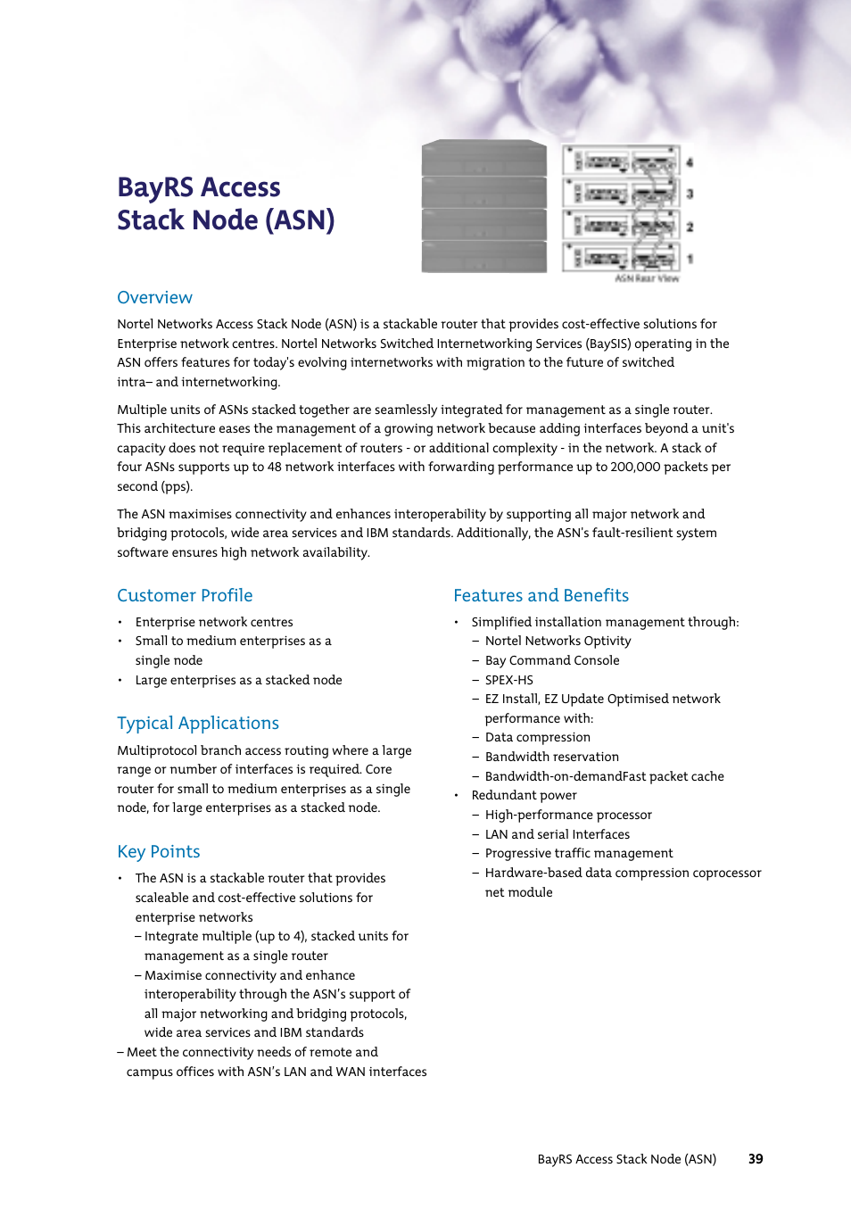 Bayrs access stack node (asn), Customer profile, Typical applications | Key points, Features and benefits, Overview | Nortel Networks 7400 User Manual | Page 48 / 252