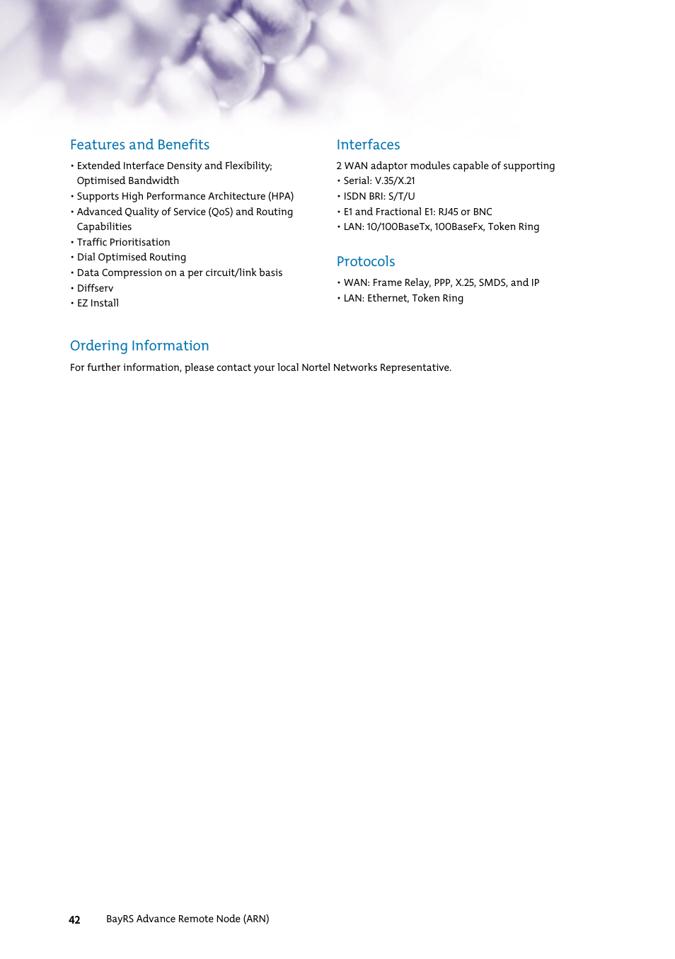 Features and benefits, Interfaces, Protocols | Ordering information | Nortel Networks 7400 User Manual | Page 51 / 252