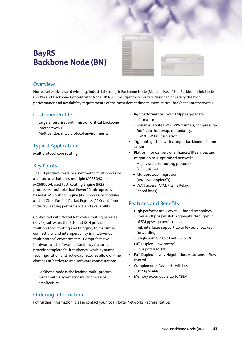 Bayrs backbone node (bn), Customer profile, Typical applications | Key points, Features and benefits, Overview, Ordering information | Nortel Networks 7400 User Manual | Page 52 / 252