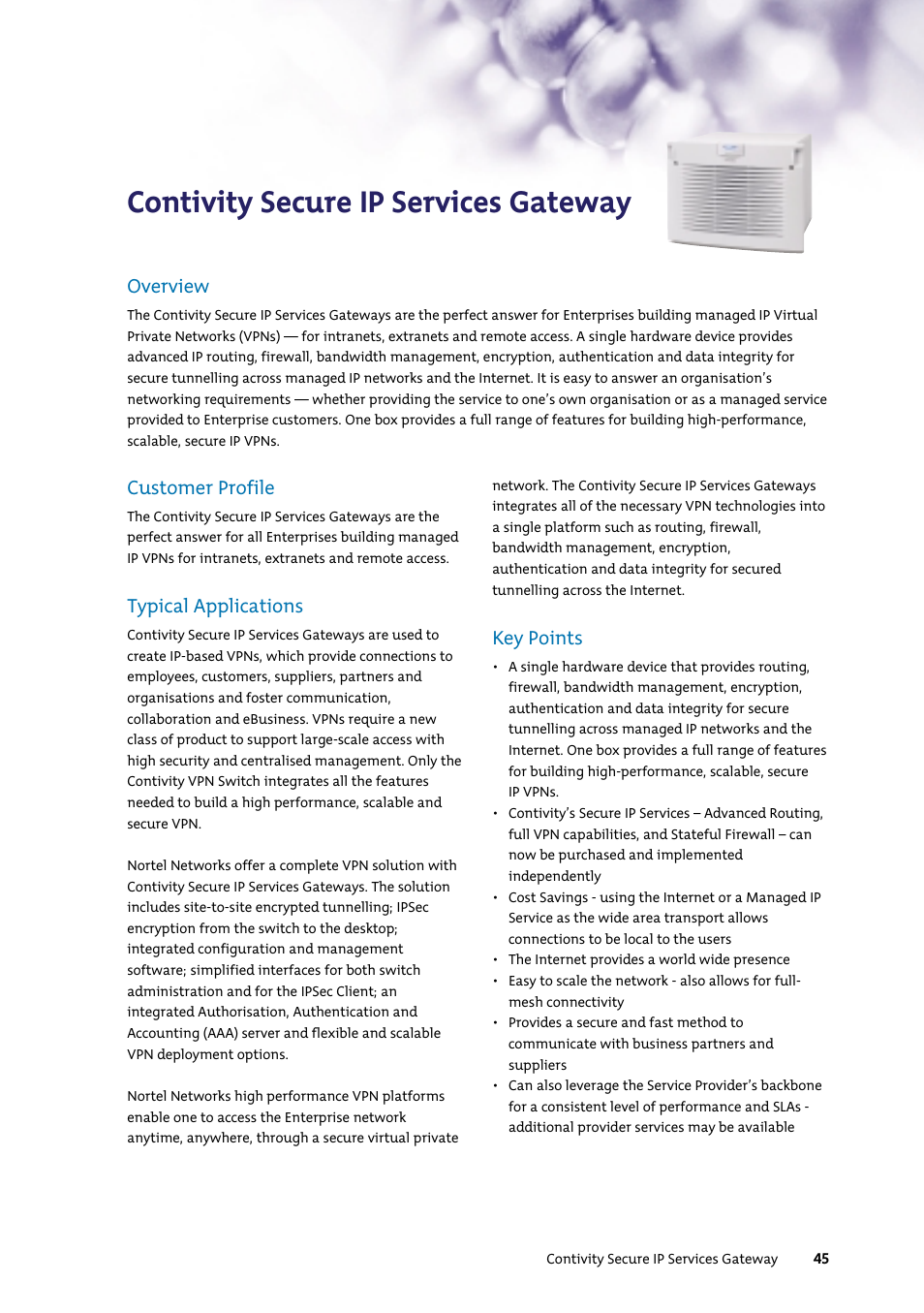 Contivity secure ip services gateway, Overview, Customer profile | Typical applications, Key points | Nortel Networks 7400 User Manual | Page 54 / 252
