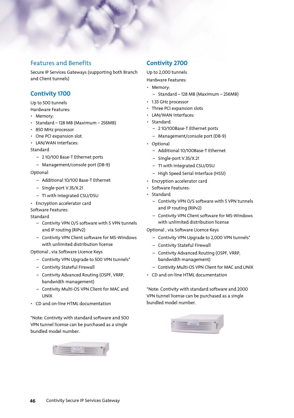 Features and benefits, Contivity 1700, Contivity 2700 | Nortel Networks 7400 User Manual | Page 55 / 252