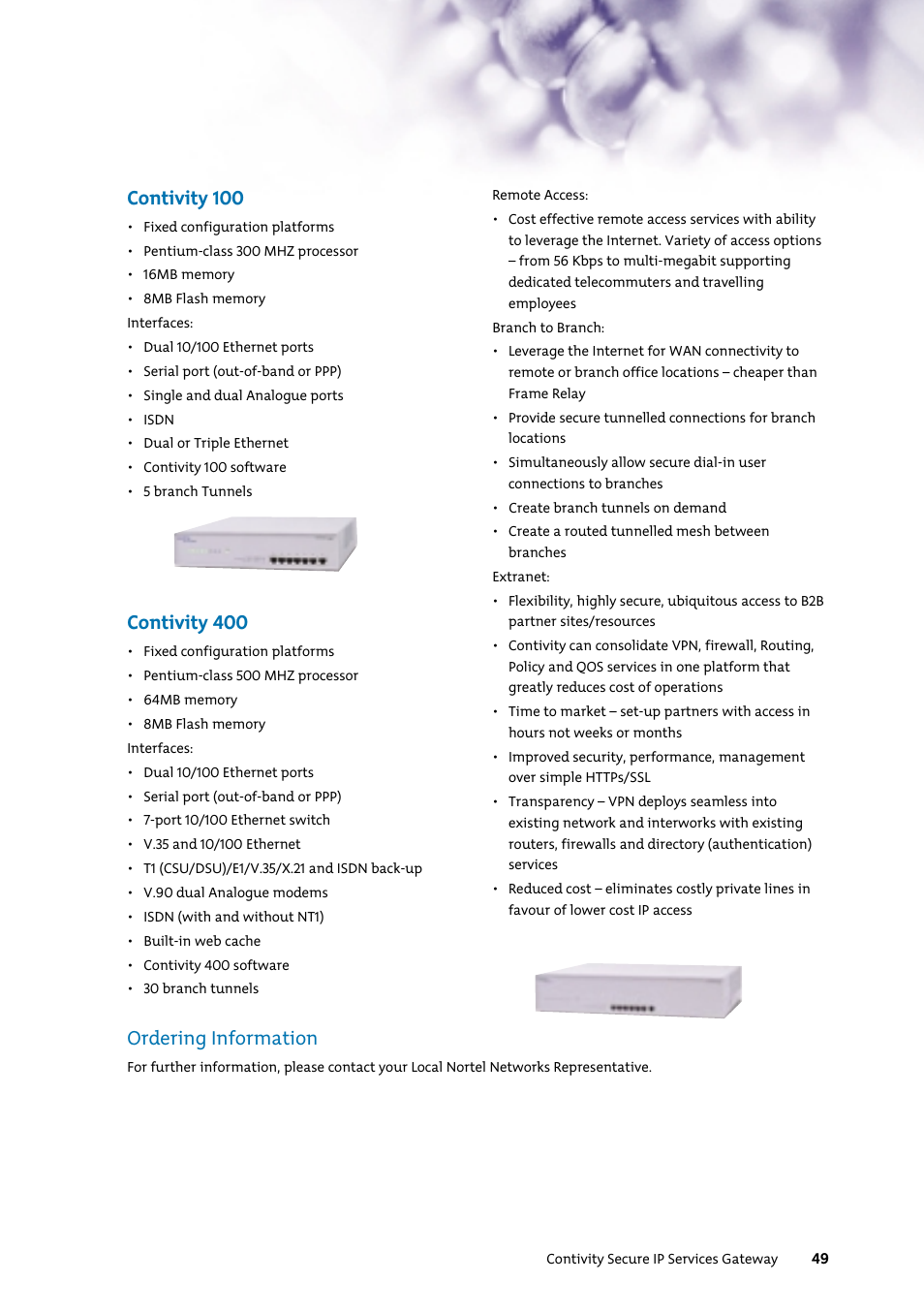 Contivity 100, Contivity 400, Ordering information | Nortel Networks 7400 User Manual | Page 58 / 252