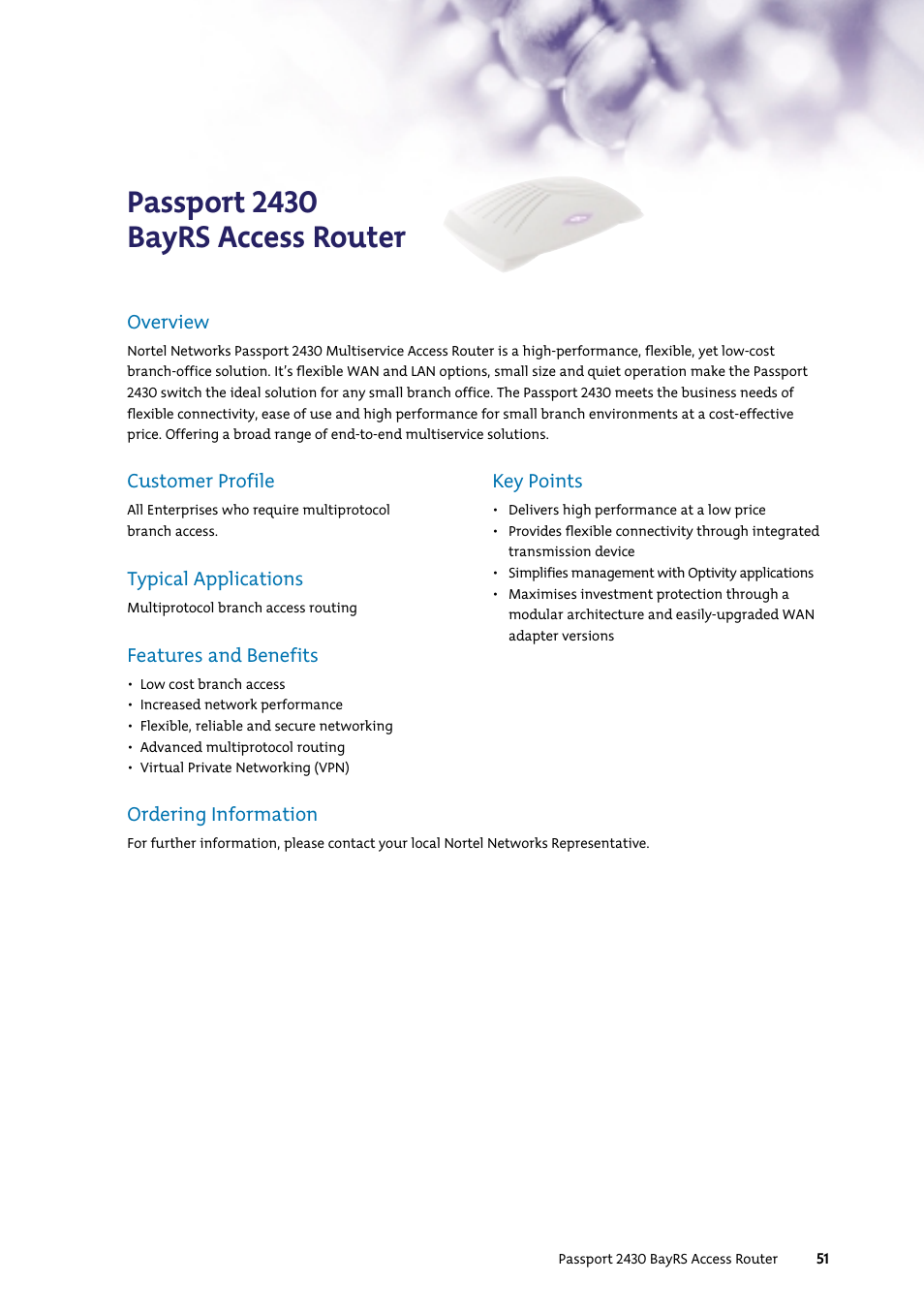 Passport 2430 bayrs access router, Overview, Customer profile | Typical applications, Features and benefits, Key points, Ordering information | Nortel Networks 7400 User Manual | Page 60 / 252