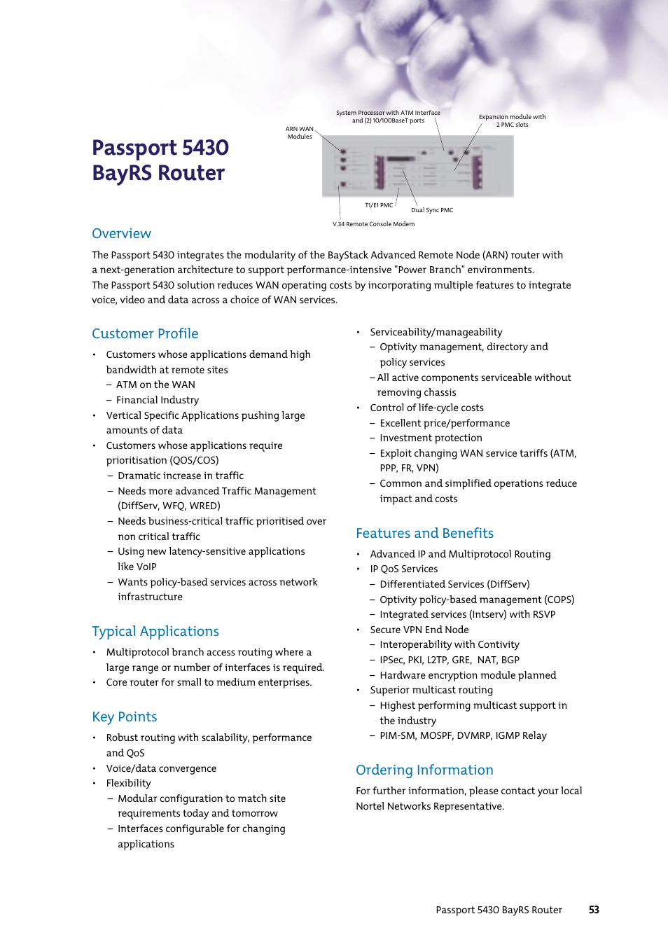 Passport 5430 bayrs router, Customer profile, Typical applications | Key points, Features and benefits, Ordering information, Overview | Nortel Networks 7400 User Manual | Page 62 / 252