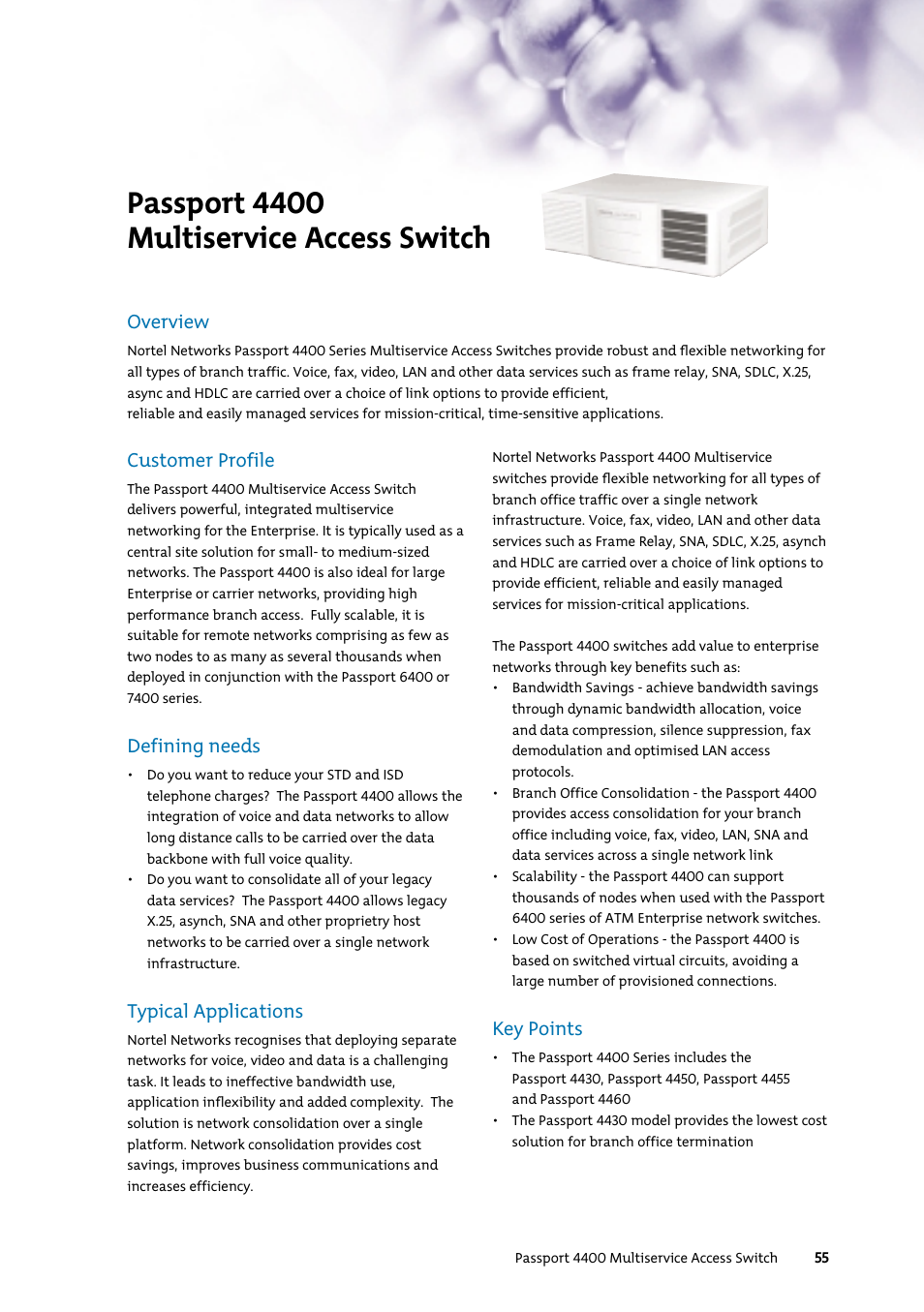 Passport 4400 multiservice access switch, Customer profile, Defining needs | Typical applications, Key points, Overview | Nortel Networks 7400 User Manual | Page 64 / 252