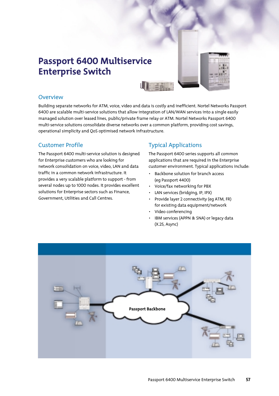 Passport 6400 multiservice enterprise switch, Overview, Customer profile | Typical applications | Nortel Networks 7400 User Manual | Page 66 / 252