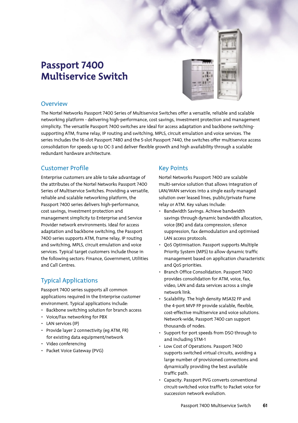 Passport 7400 multiservice switch, Overview, Customer profile | Typical applications, Key points | Nortel Networks 7400 User Manual | Page 70 / 252
