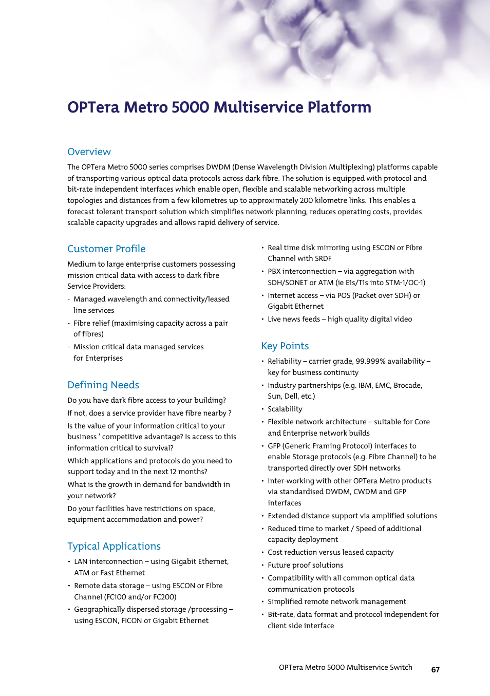 Optera metro 5000 multiservice platform, Customer profile, Defining needs | Typical applications, Key points, Overview | Nortel Networks 7400 User Manual | Page 76 / 252