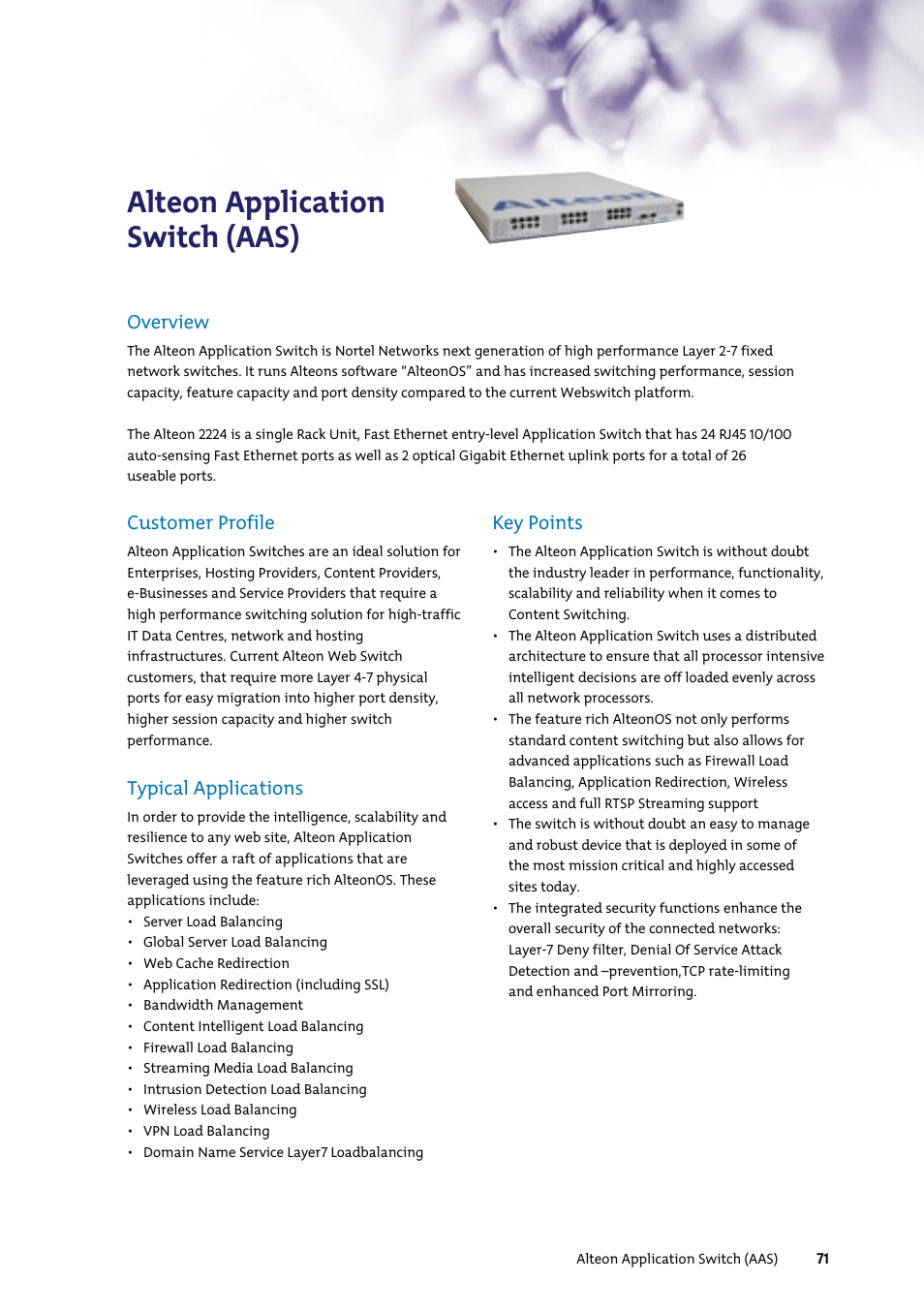Alteon application switch (aas), Customer profile, Typical applications | Key points, Overview | Nortel Networks 7400 User Manual | Page 80 / 252