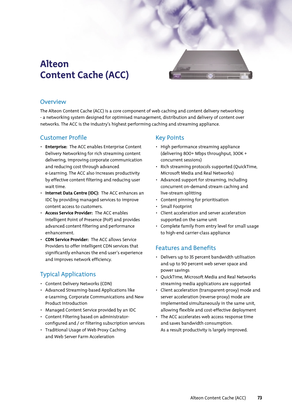 Alteon content cache (acc), Overview, Customer profile | Typical applications, Key points, Features and benefits | Nortel Networks 7400 User Manual | Page 82 / 252