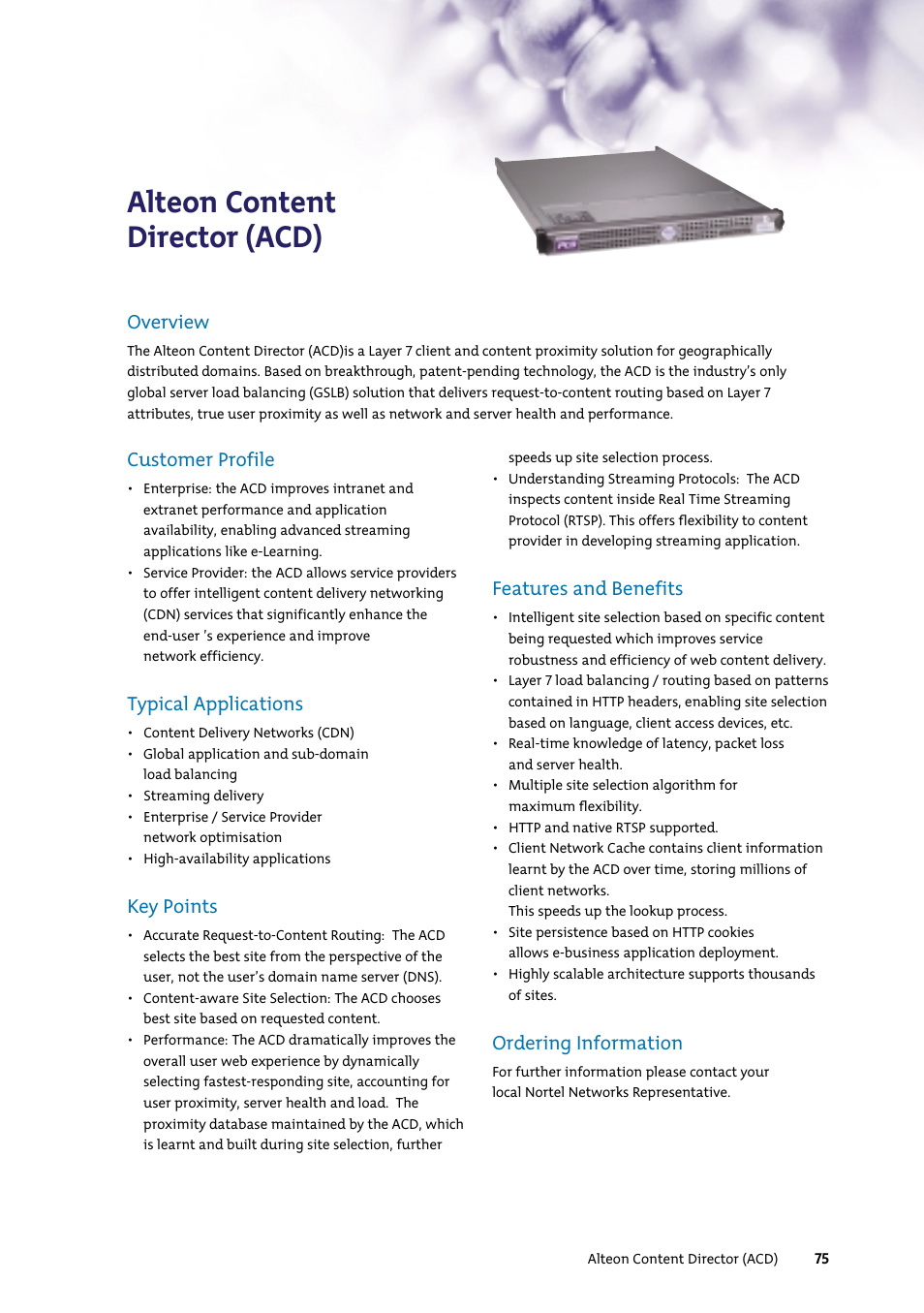 Alteon content director (acd), Overview, Customer profile | Typical applications, Key points, Features and benefits, Ordering information | Nortel Networks 7400 User Manual | Page 84 / 252