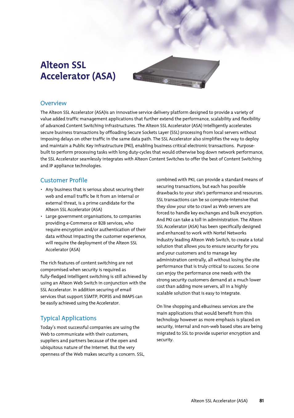 Alteon ssl accelerator (asa), Customer profile, Typical applications | Overview | Nortel Networks 7400 User Manual | Page 90 / 252