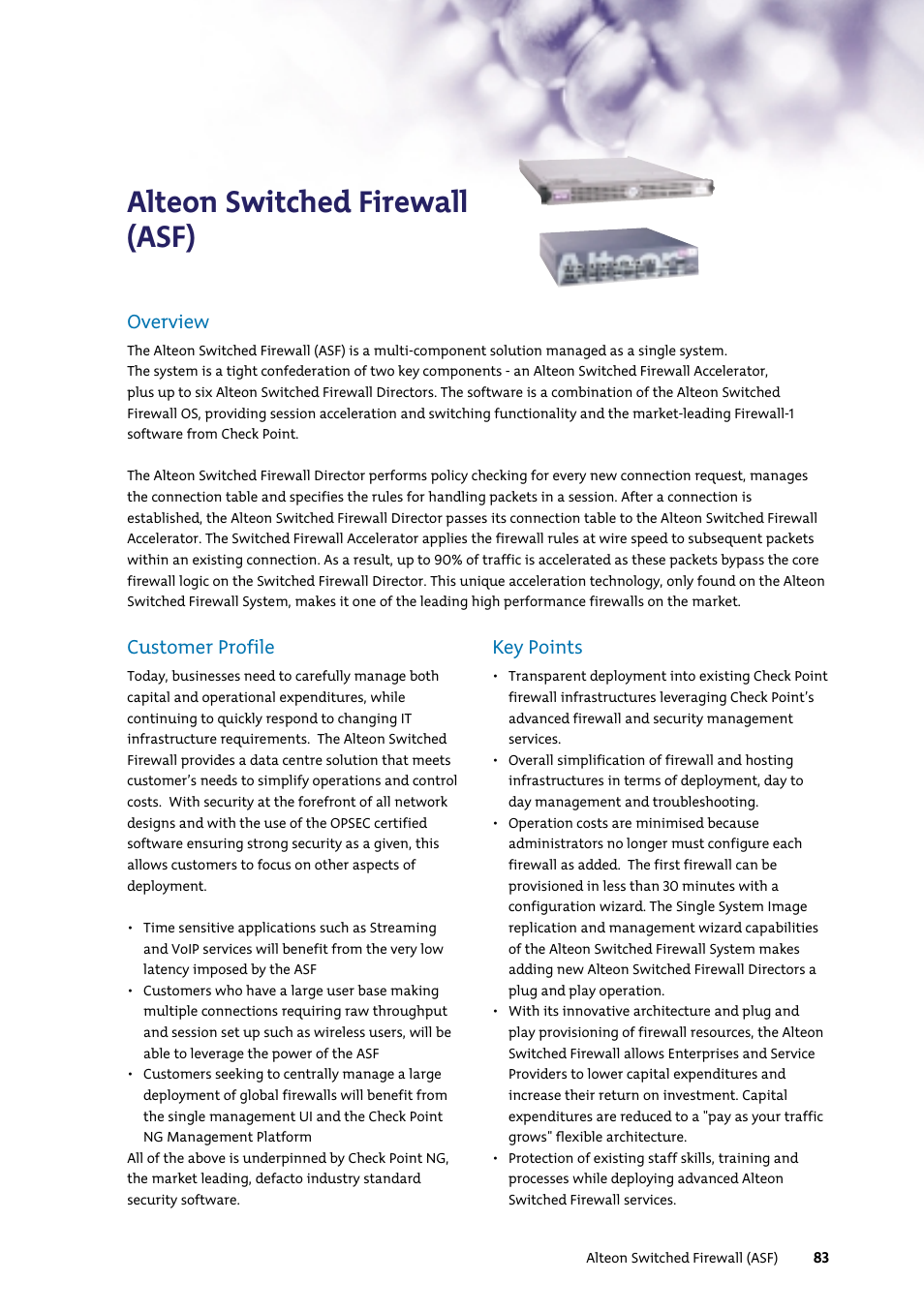 Alteon switched firewall (asf), Overview, Customer profile | Key points | Nortel Networks 7400 User Manual | Page 92 / 252