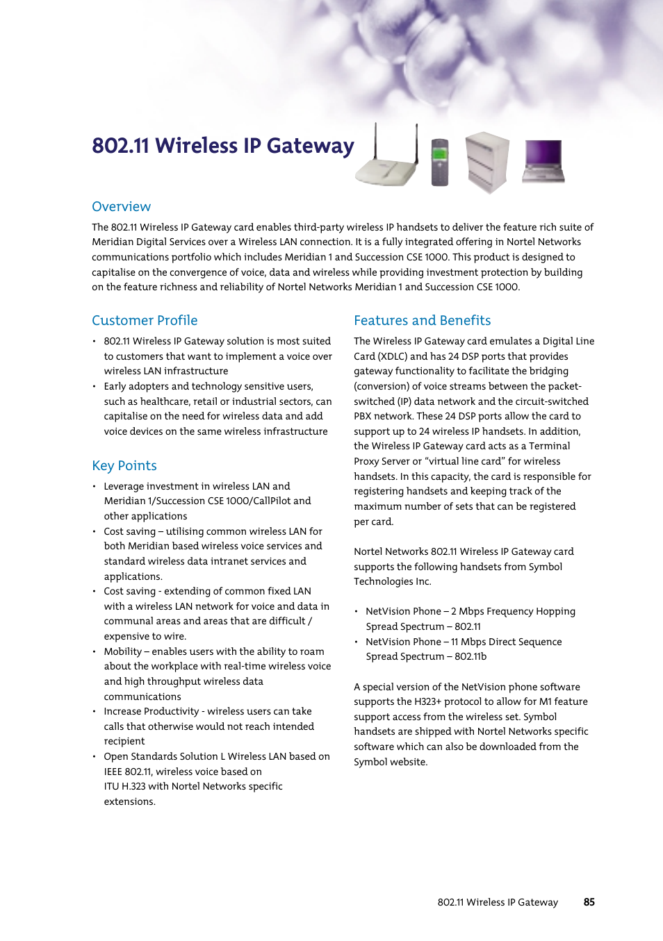 11 wireless ip gateway, Customer profile, Key points | Features and benefits, Overview | Nortel Networks 7400 User Manual | Page 94 / 252