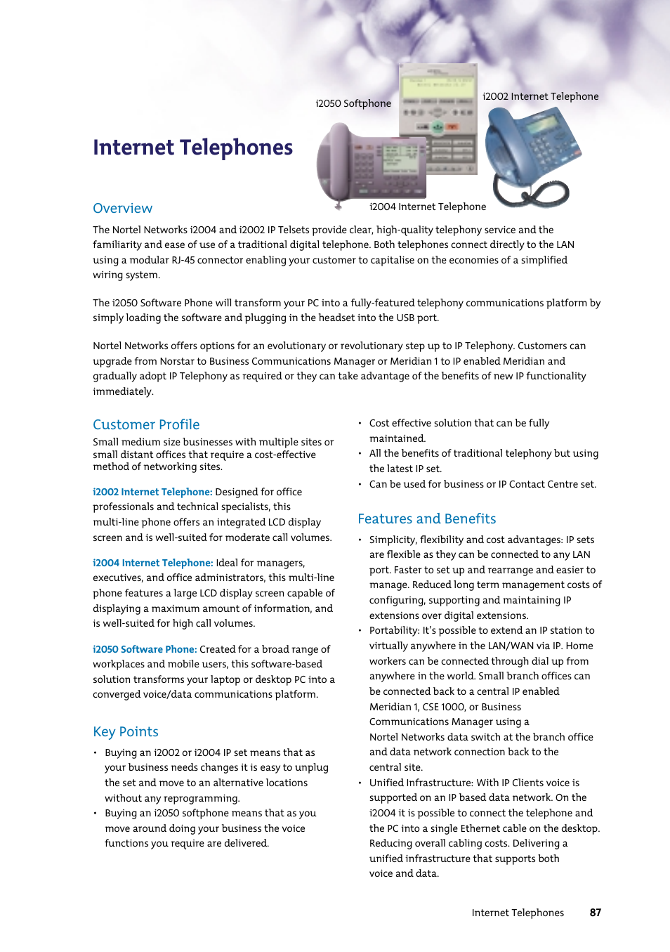 Internet telephones, Customer profile, Key points | Features and benefits, Overview | Nortel Networks 7400 User Manual | Page 96 / 252