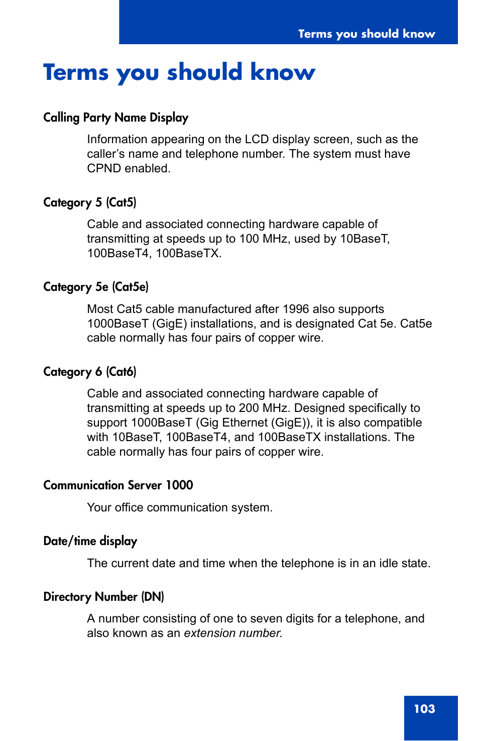 Terms you should know | Nortel Networks Nortel IP Phone 1110 User Manual | Page 103 / 114