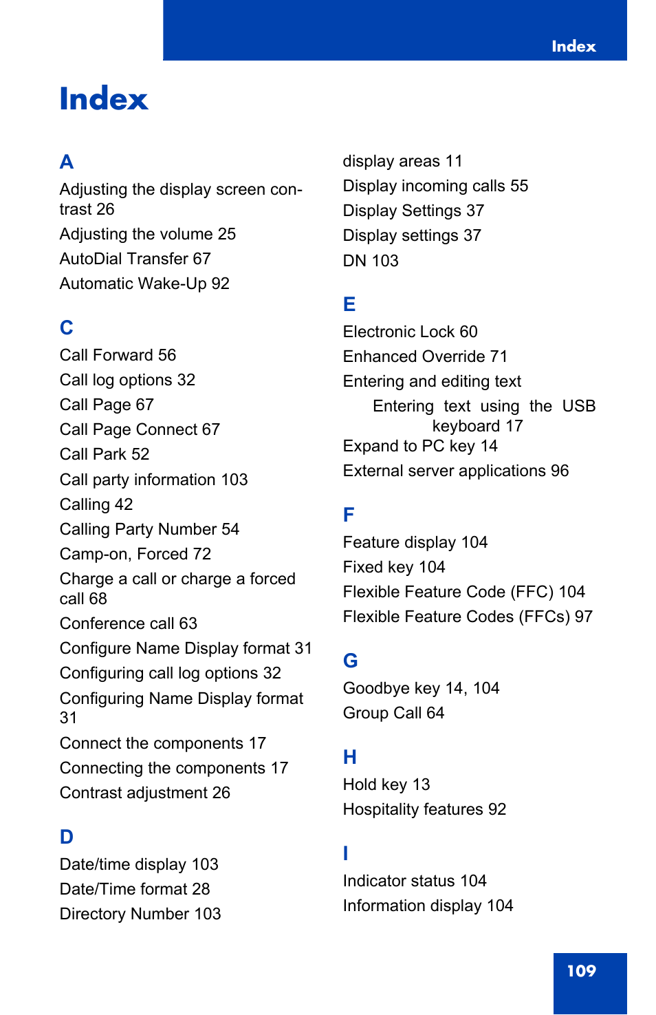 Index | Nortel Networks Nortel IP Phone 1110 User Manual | Page 109 / 114