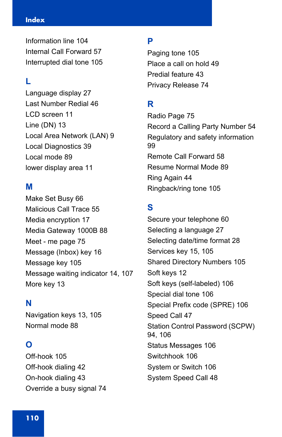 Nortel Networks Nortel IP Phone 1110 User Manual | Page 110 / 114