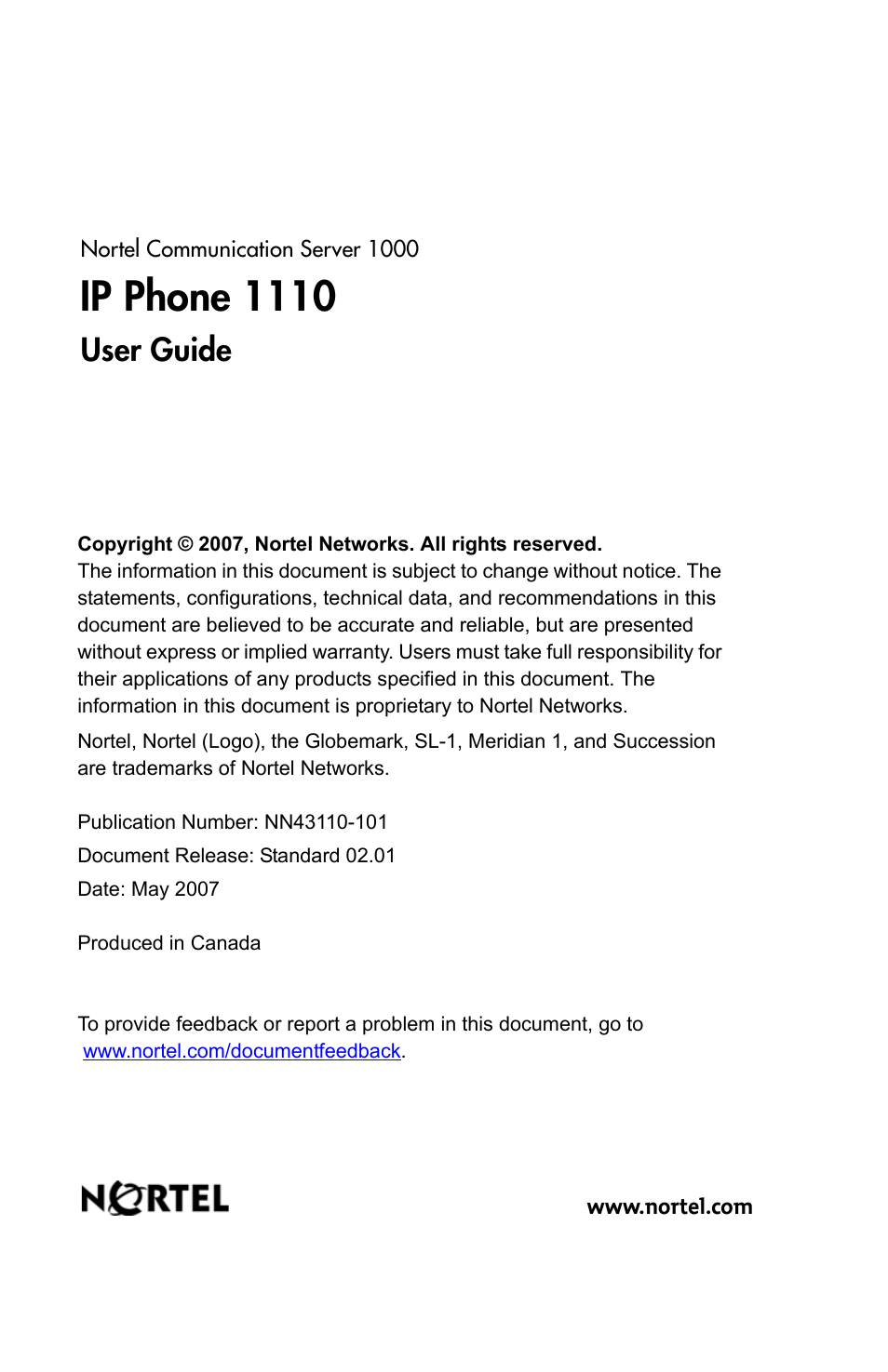 Ip phone 1110, User guide | Nortel Networks Nortel IP Phone 1110 User Manual | Page 114 / 114