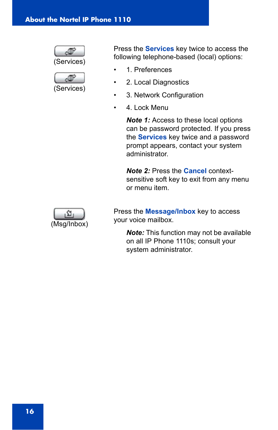 Nortel Networks Nortel IP Phone 1110 User Manual | Page 16 / 114