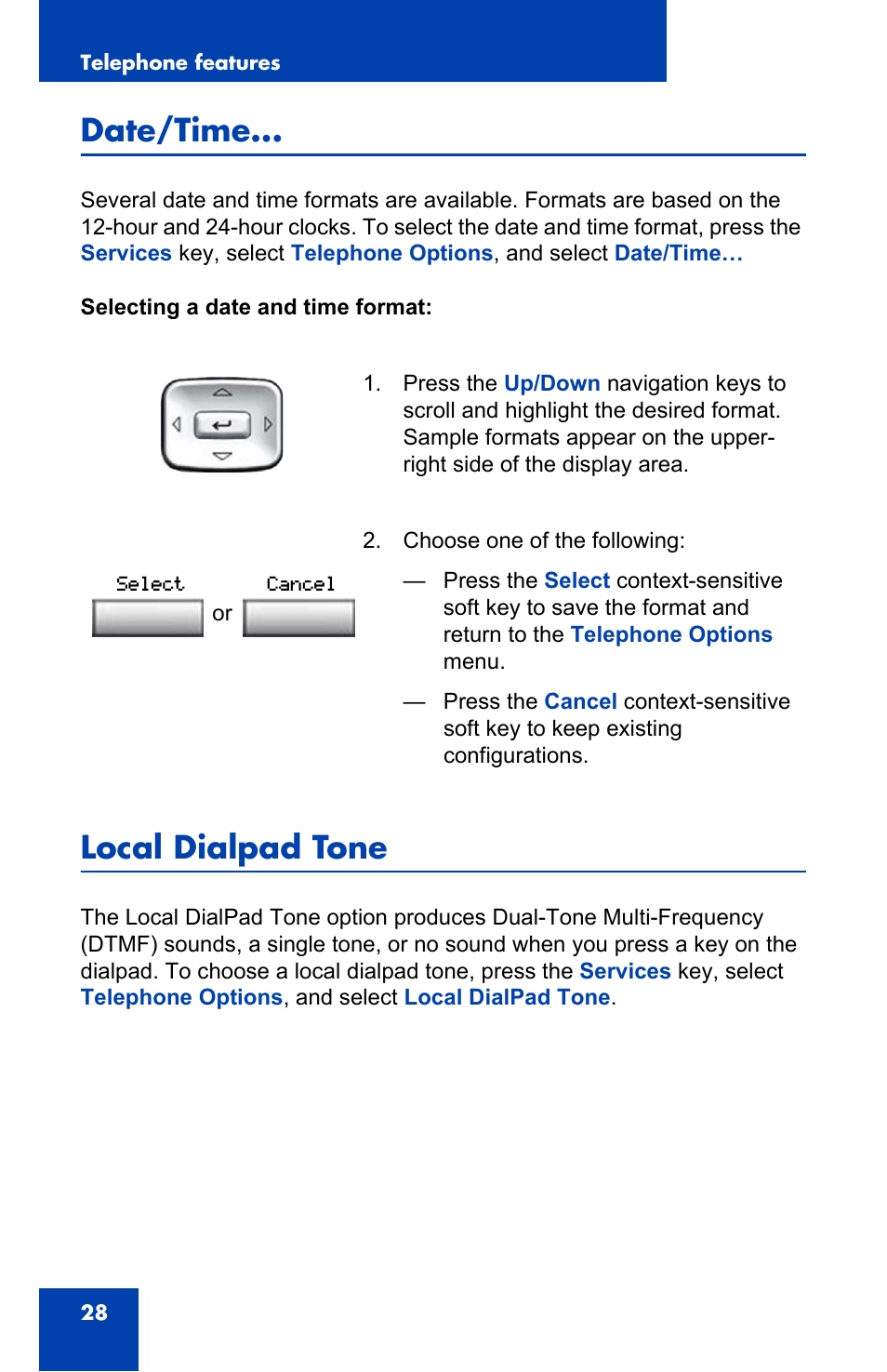 Date/time, Local dialpad tone | Nortel Networks Nortel IP Phone 1110 User Manual | Page 28 / 114