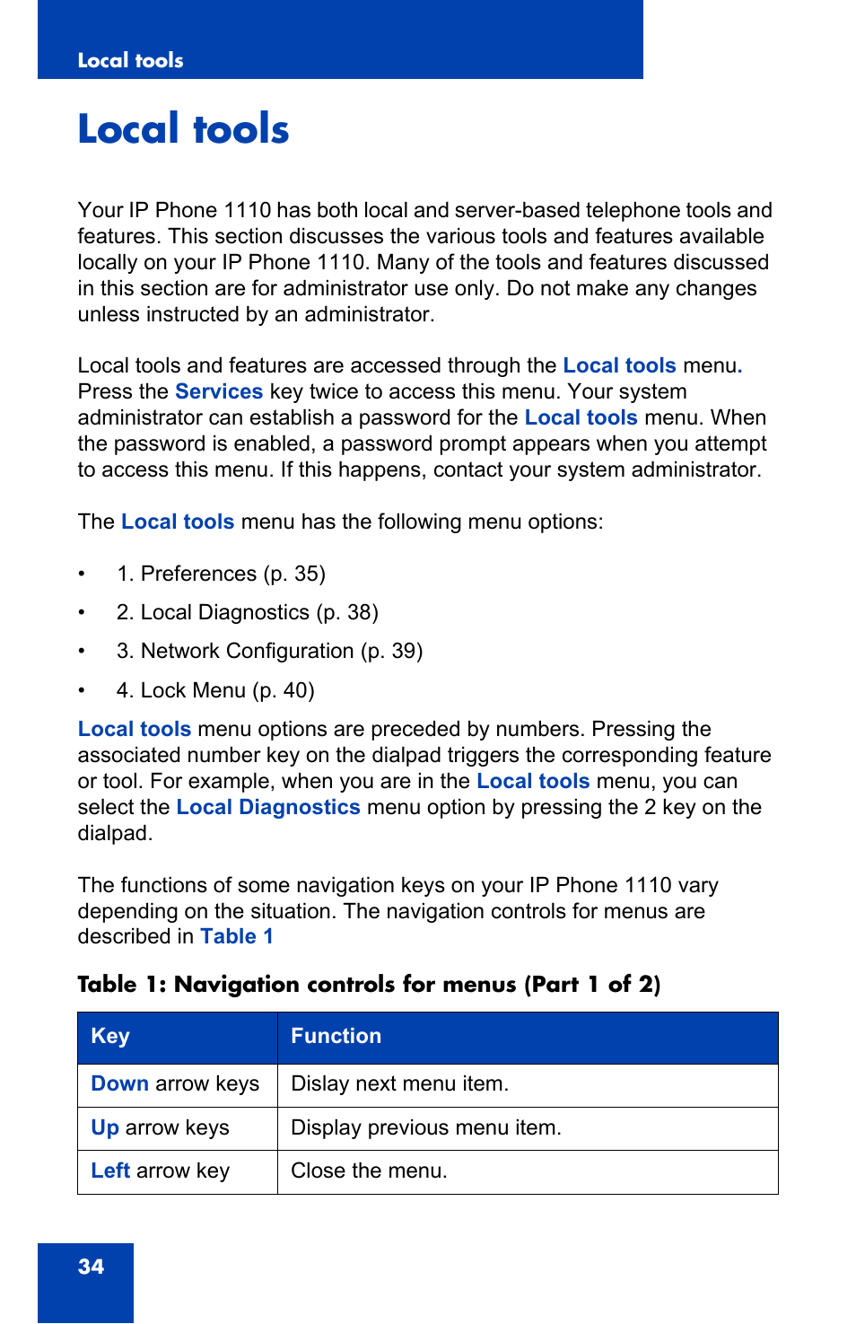 Local tools | Nortel Networks Nortel IP Phone 1110 User Manual | Page 34 / 114