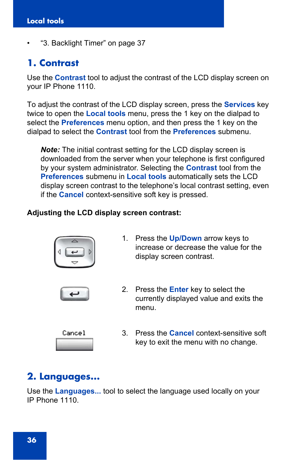 Contrast, Languages, Contrast 2. languages | Nortel Networks Nortel IP Phone 1110 User Manual | Page 36 / 114