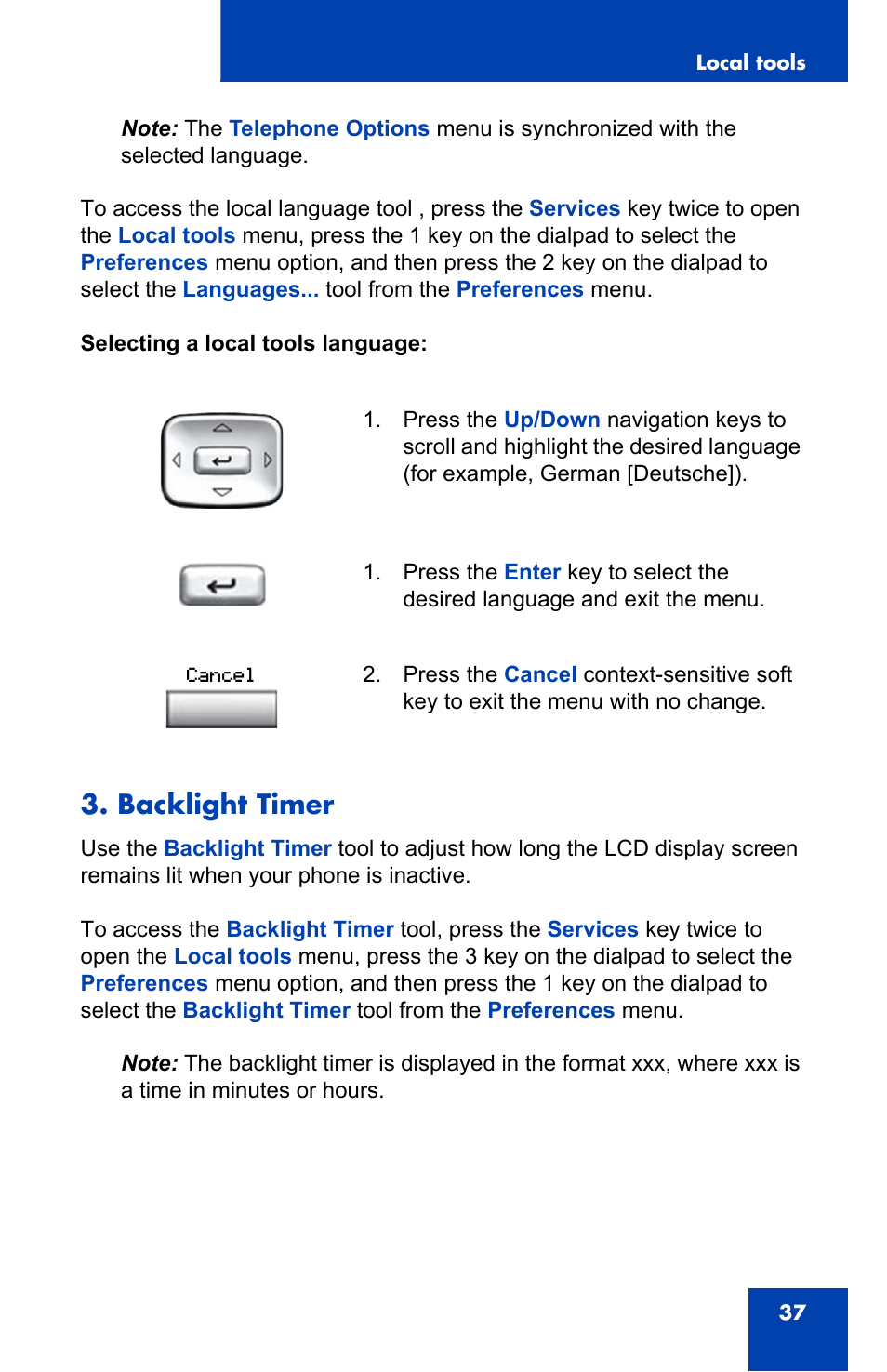 Backlight timer | Nortel Networks Nortel IP Phone 1110 User Manual | Page 37 / 114