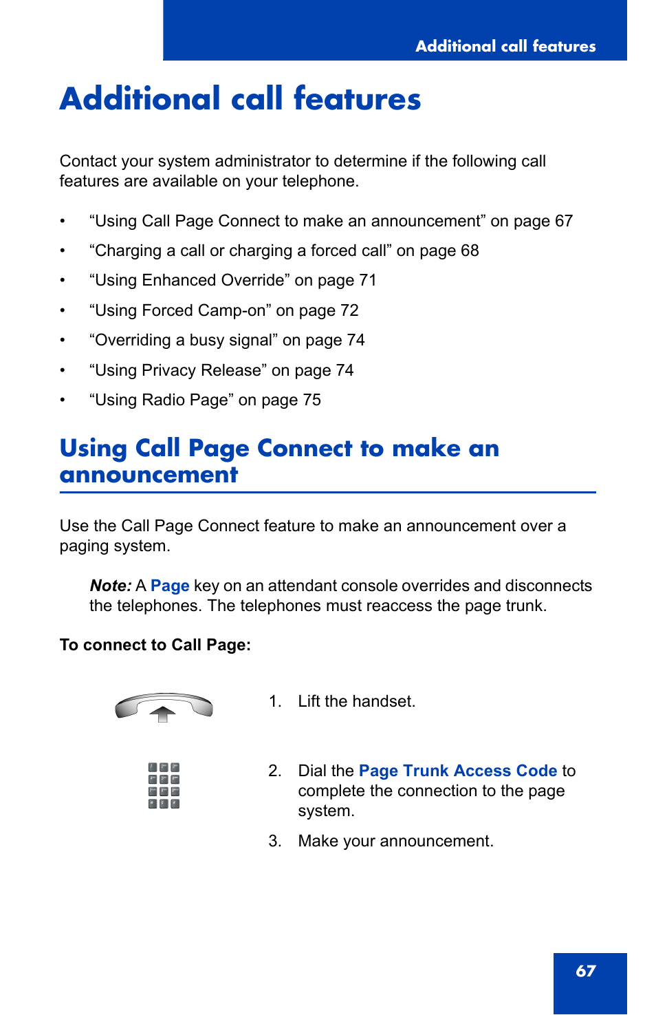 Additional call features, Using call page connect to make an announcement | Nortel Networks Nortel IP Phone 1110 User Manual | Page 67 / 114