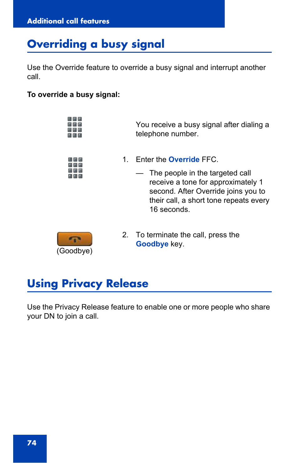 Overriding a busy signal, Using privacy release | Nortel Networks Nortel IP Phone 1110 User Manual | Page 74 / 114