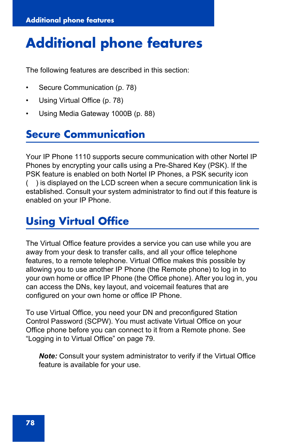 Additional phone features, Secure communication, Using virtual office | Nortel Networks Nortel IP Phone 1110 User Manual | Page 78 / 114