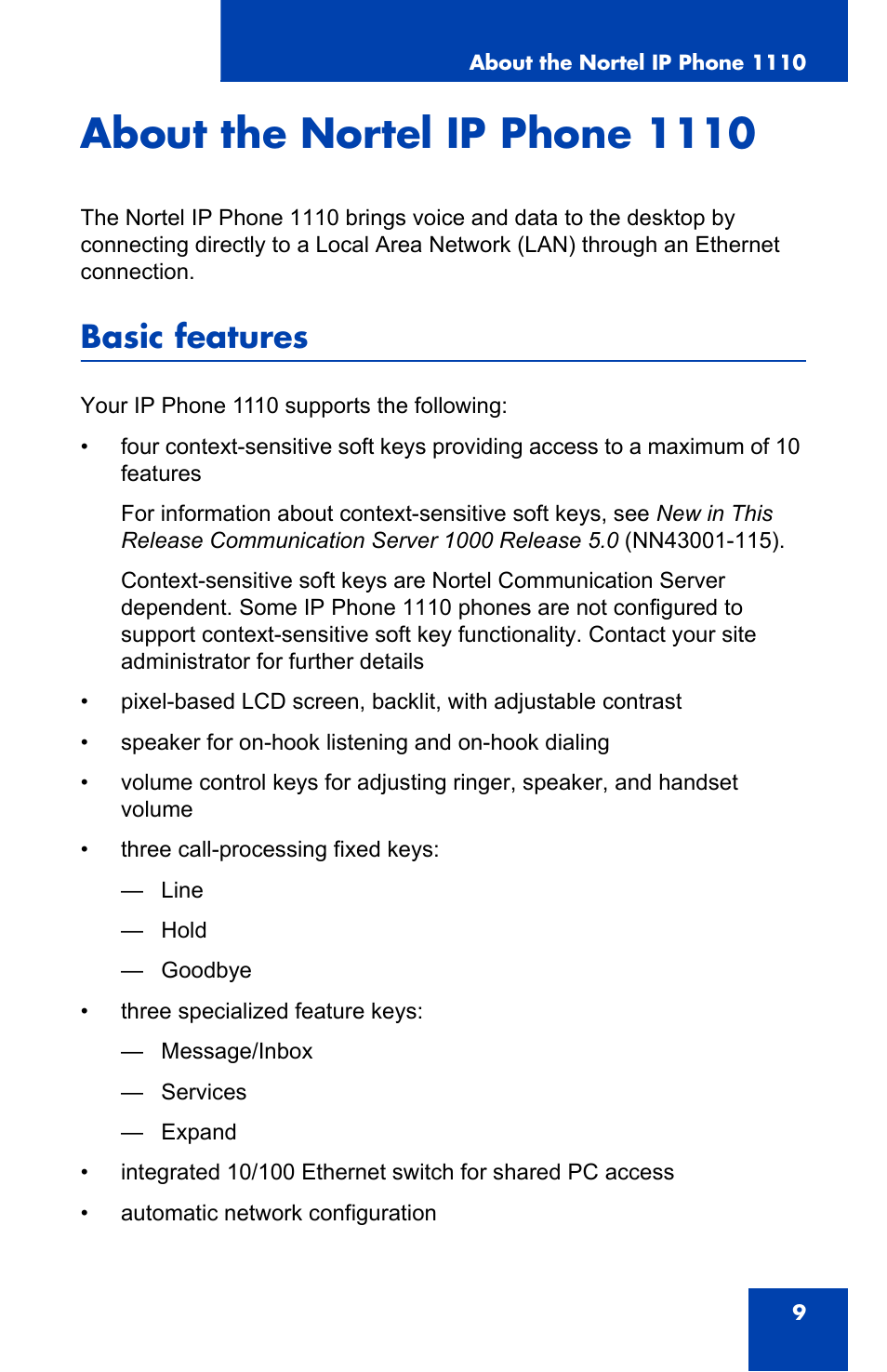 Nortel Networks Nortel IP Phone 1110 User Manual | Page 9 / 114