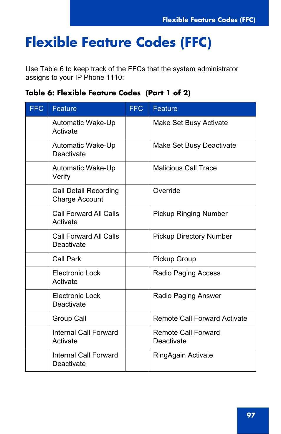 Flexible feature codes (ffc) | Nortel Networks Nortel IP Phone 1110 User Manual | Page 97 / 114