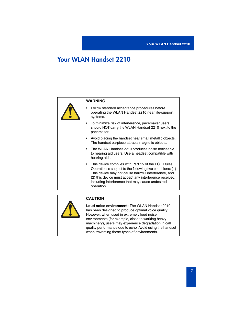 Your wlan handset 2210 | Nortel Networks 2210 User Manual | Page 17 / 116