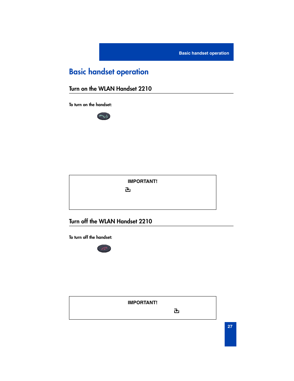 Basic handset operation, Turn on the wlan handset 2210, Turn off the wlan handset 2210 | Nortel Networks 2210 User Manual | Page 27 / 116