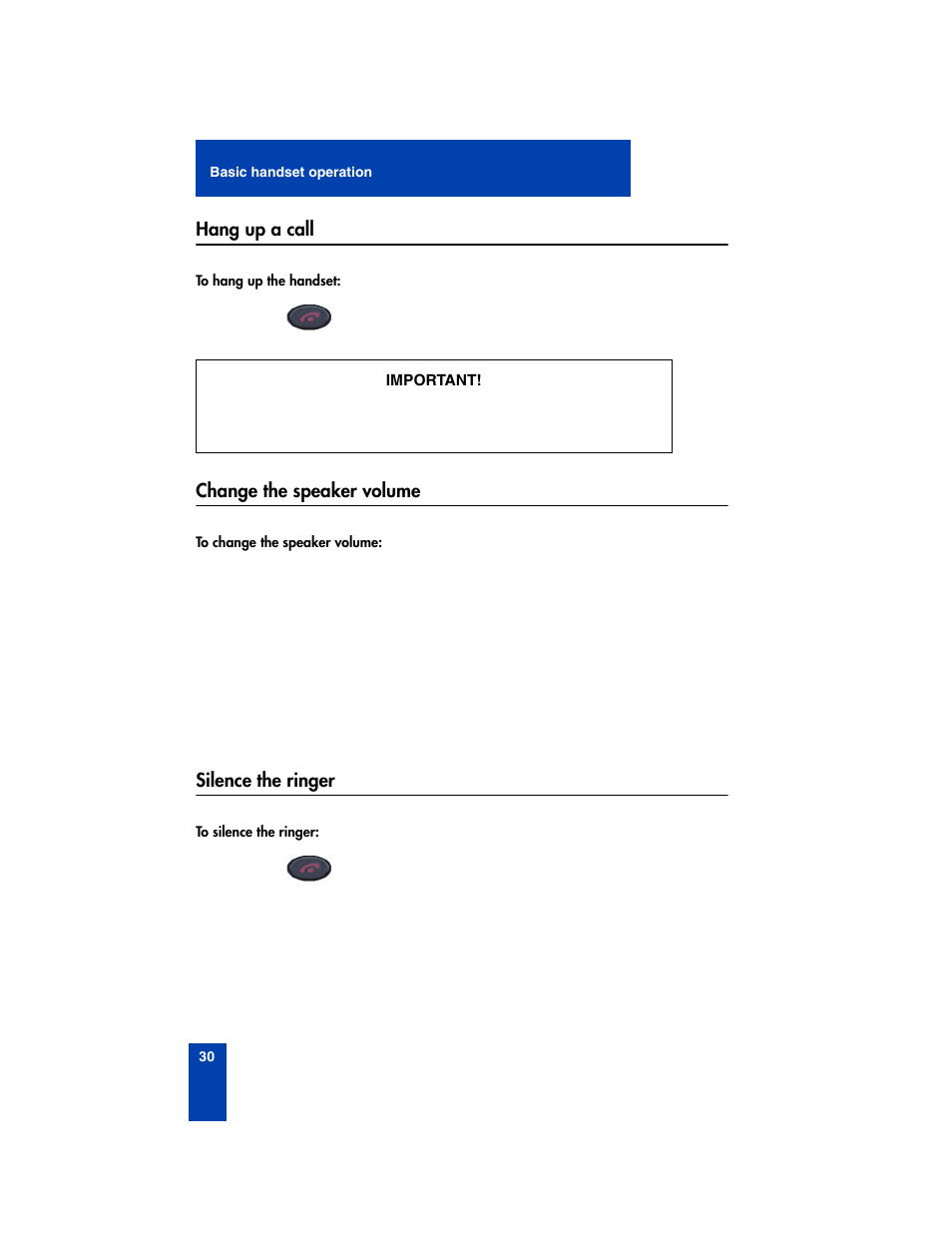 Hang up a call, Change the speaker volume, Silence the ringer | Nortel Networks 2210 User Manual | Page 30 / 116