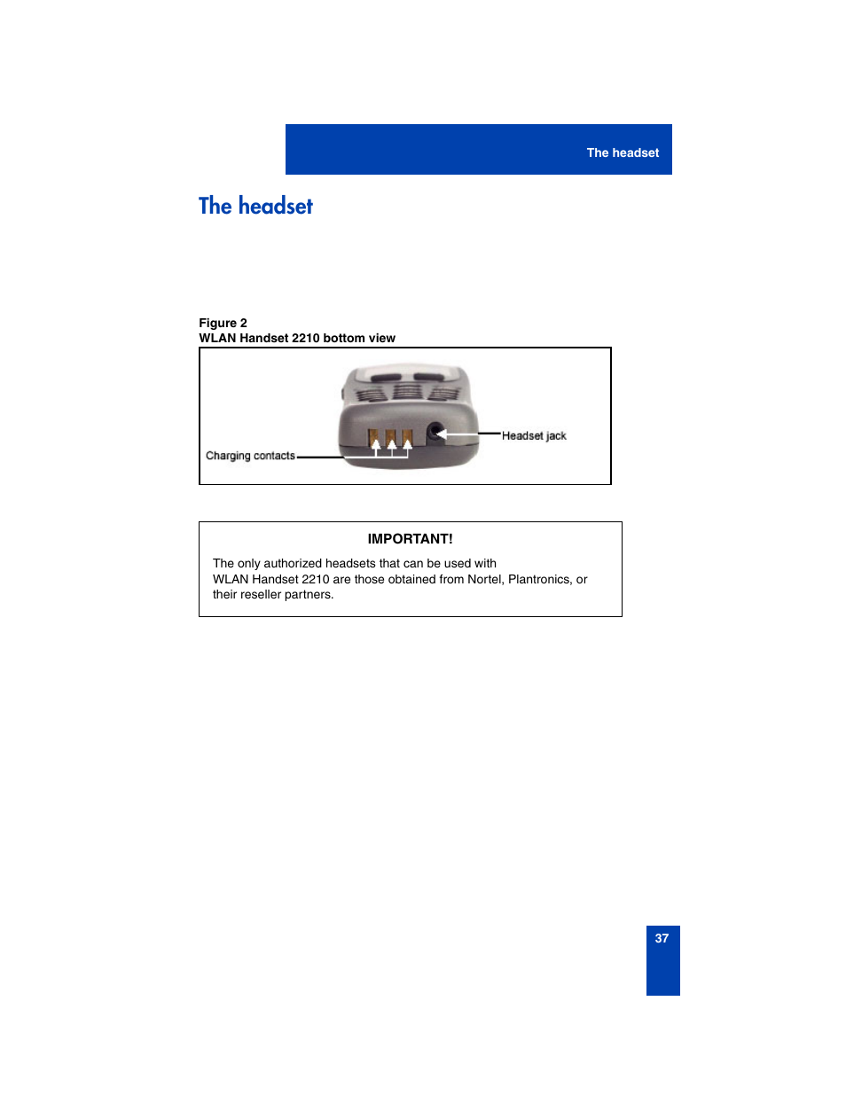 The headset | Nortel Networks 2210 User Manual | Page 37 / 116