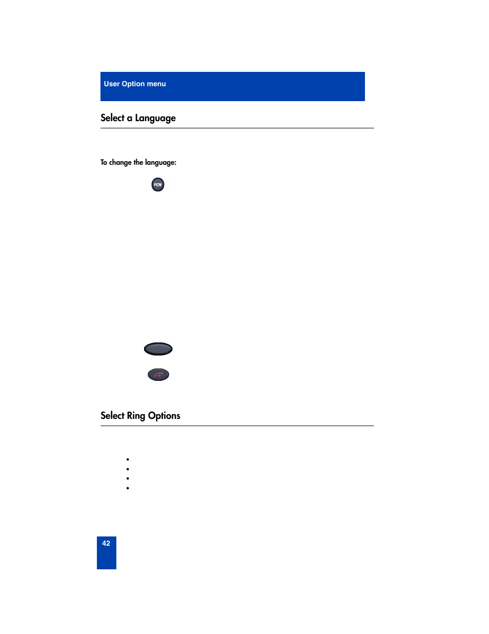 Select a language, Select ring options, Select a language select ring options | Nortel Networks 2210 User Manual | Page 42 / 116