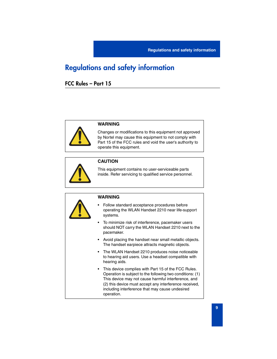 Regulations and safety information, Fcc rules - part 15, Fcc rules – part 15 | Nortel Networks 2210 User Manual | Page 9 / 116