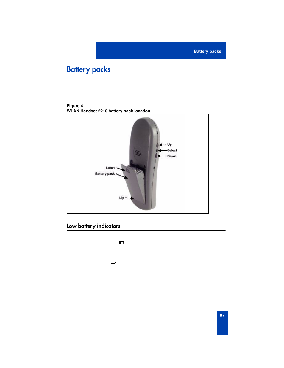 Battery packs, Low battery indicators | Nortel Networks 2210 User Manual | Page 97 / 116